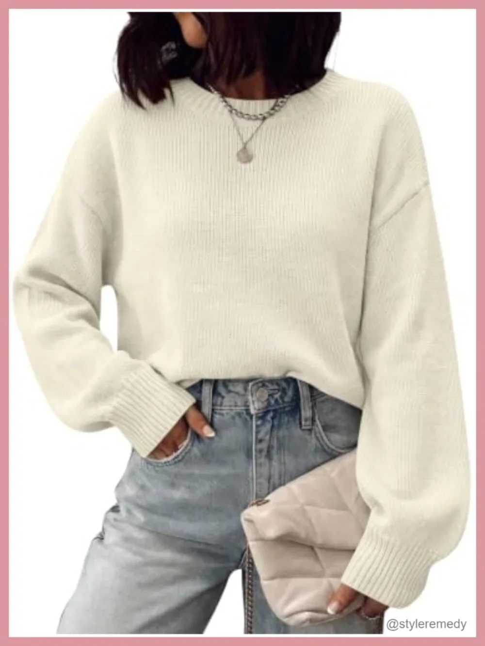 Oversized Acrylic Lantern Sleeve Crew Neck Pullover Sweater
